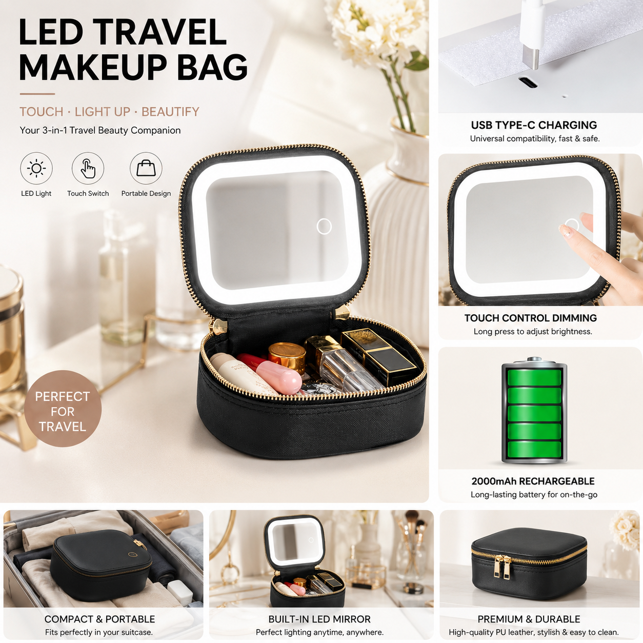 Travel Makeup Case with LED Mirror