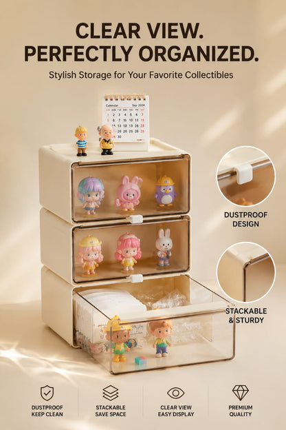 Stackable Dustproof Display Case for Collectibles & Desk Organization